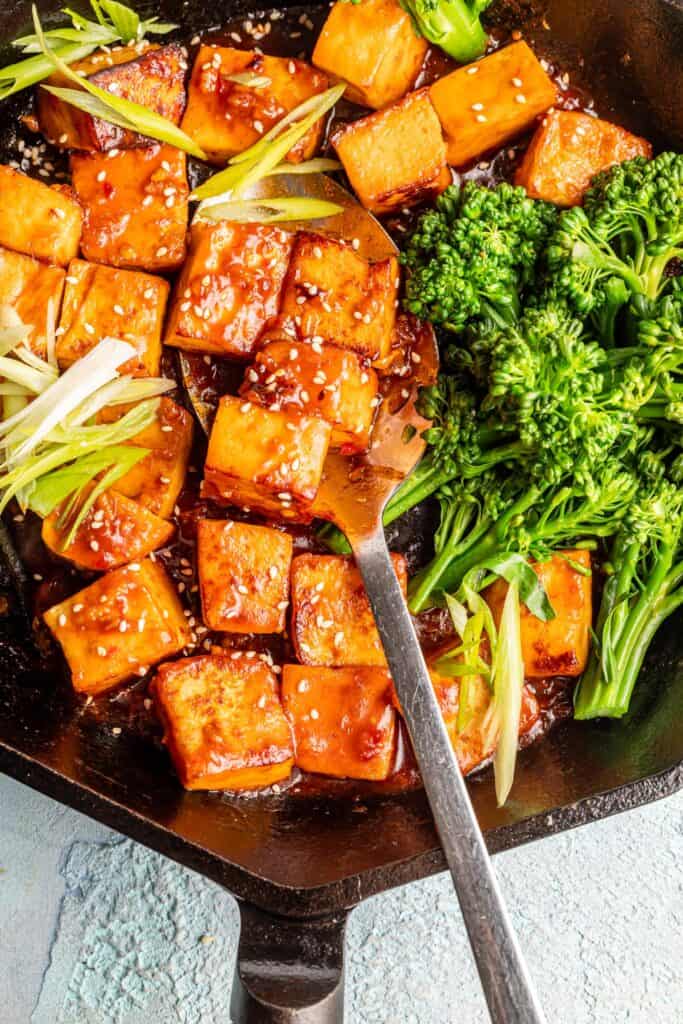 Keto Bourbon Tofu in a cast iron skillet