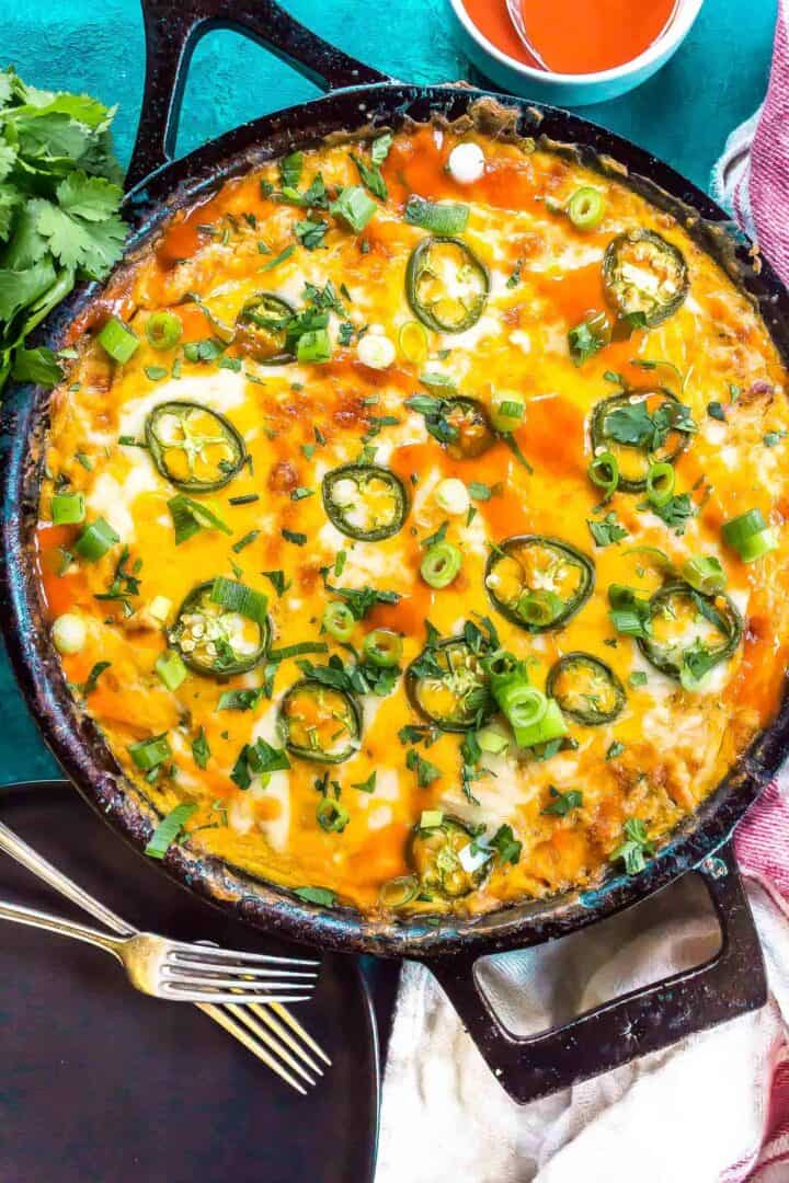 Keto Buffalo Chicken Casserole in cast iron skillet