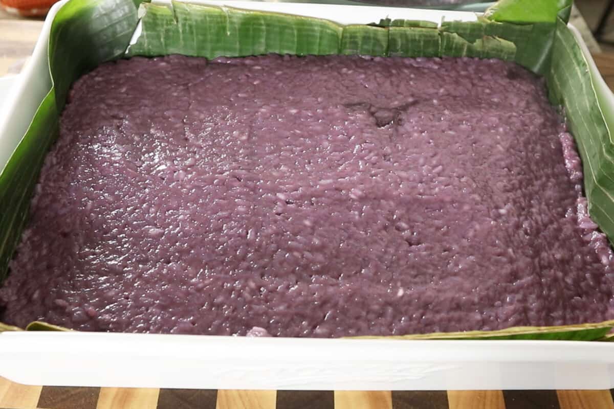 Step by step: Ube biko in banana leaf lined tray