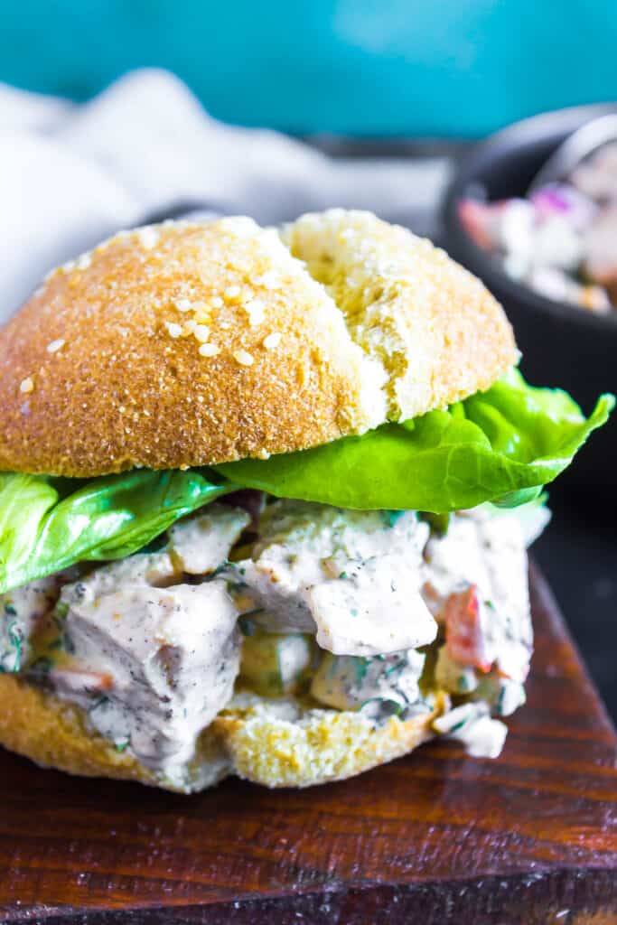 Close-up Chicken Salad on a wooden platter