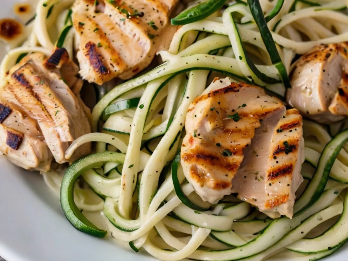 Chicken Alfredo with zoodles served on a plate.