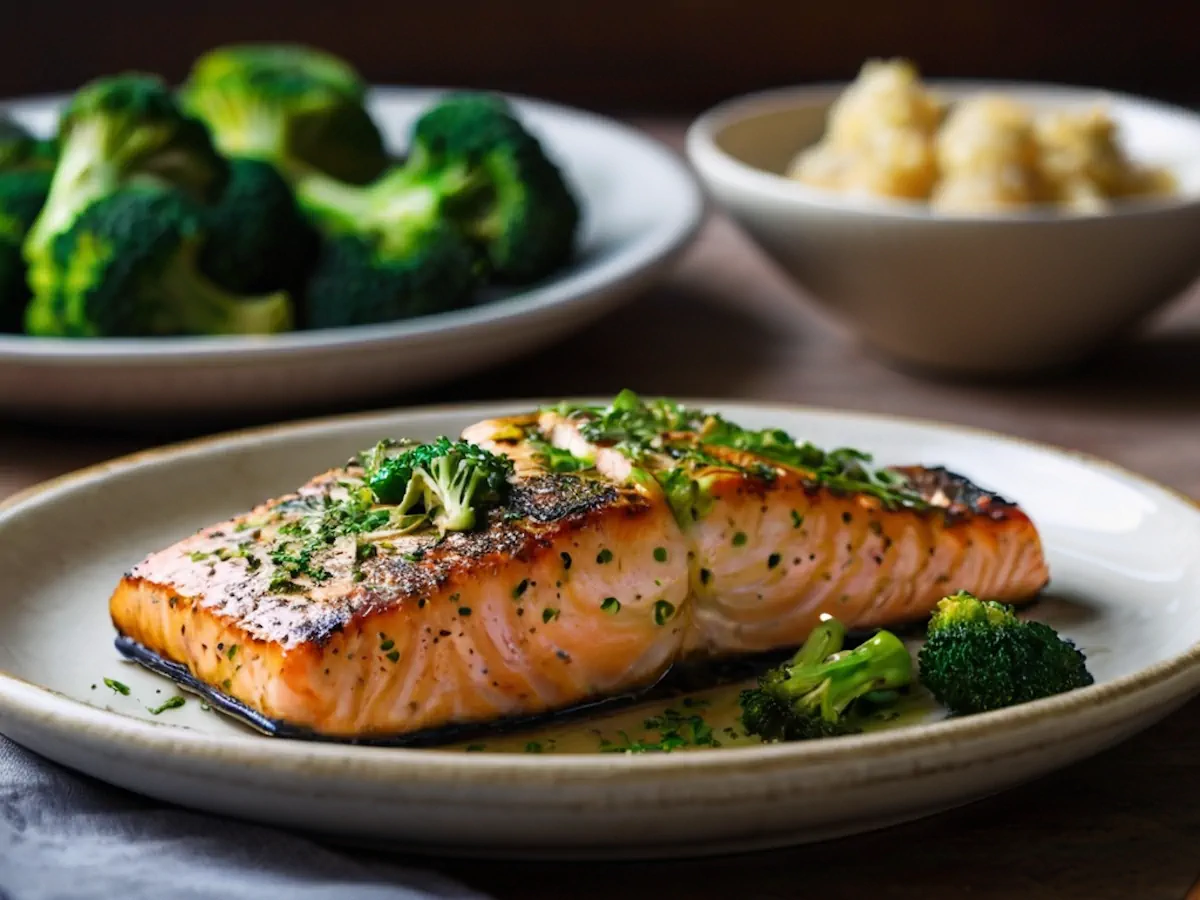 Grilled salmon with broccoli served on a plate.