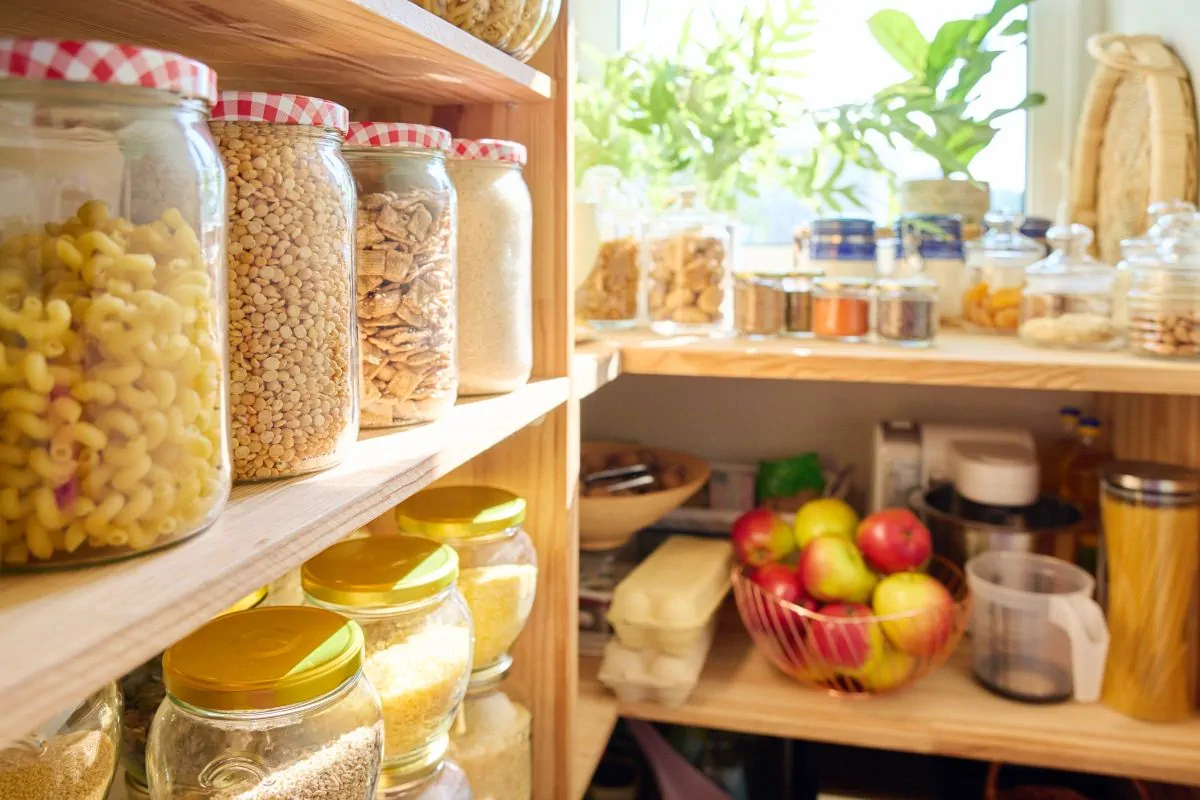 A sunlit pantry with shelves of jars containing food items.