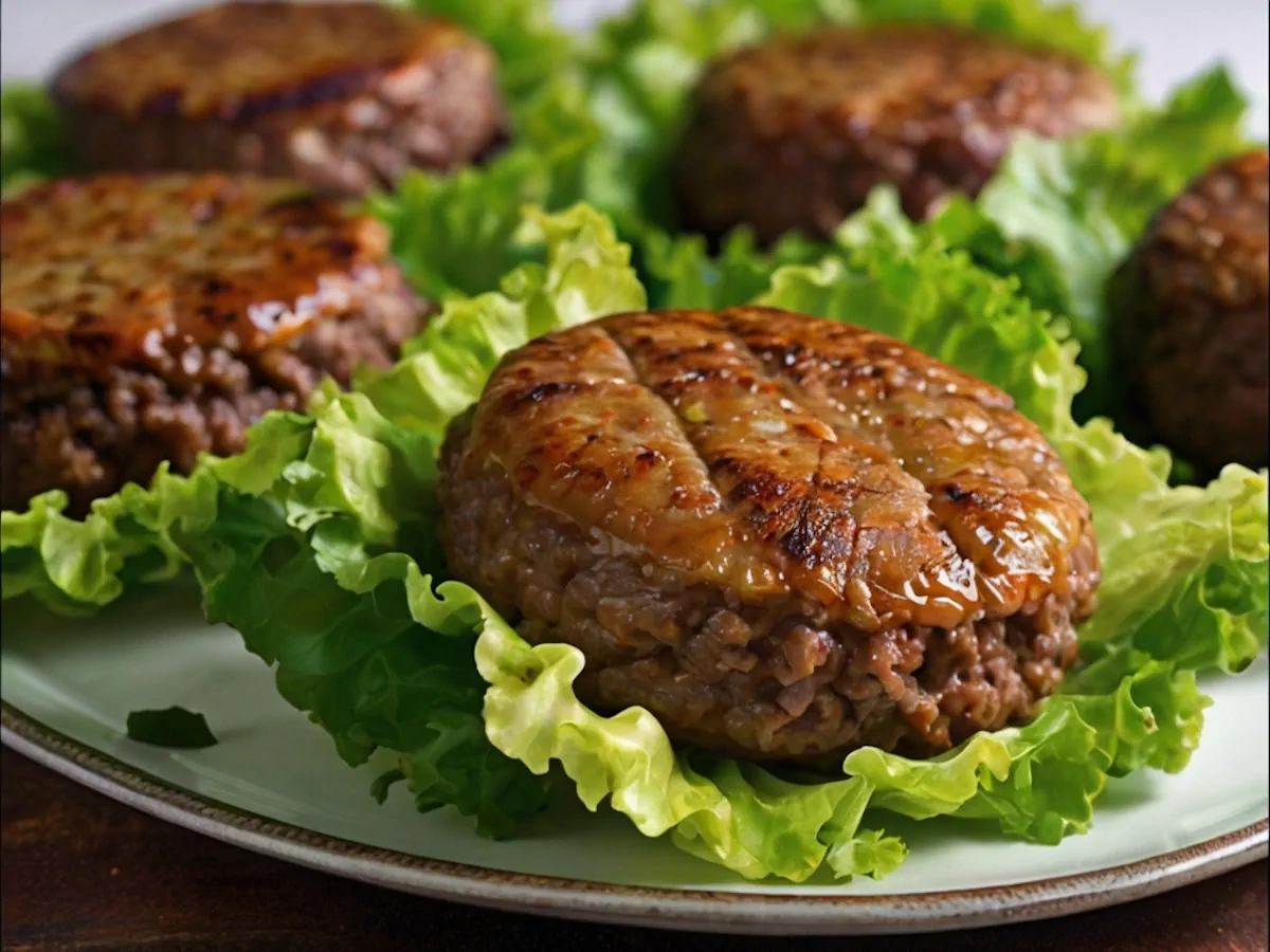 Bunless burgers served on a lettuce leaves on a plate.