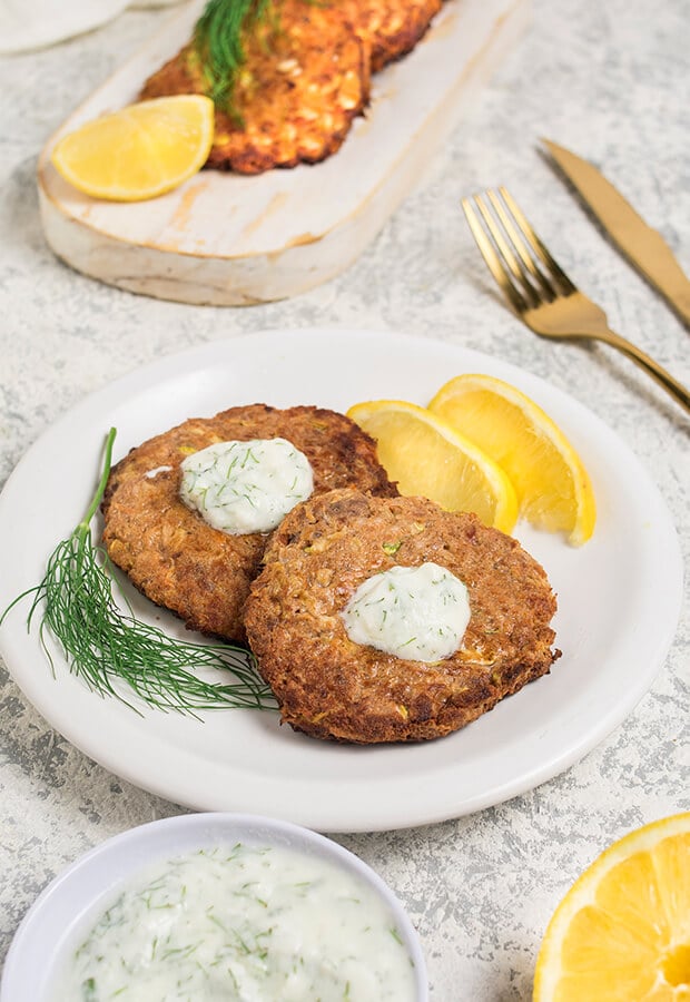 Zucchini Salmon Fritters with Lemon Dill Sauce